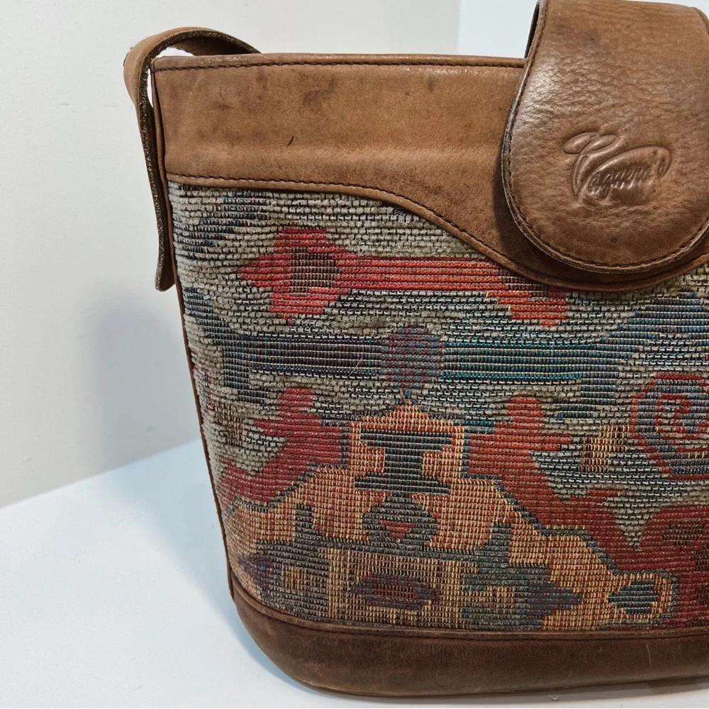 Vintage Brown Leather‎ & Tapestry Crossbody Bag